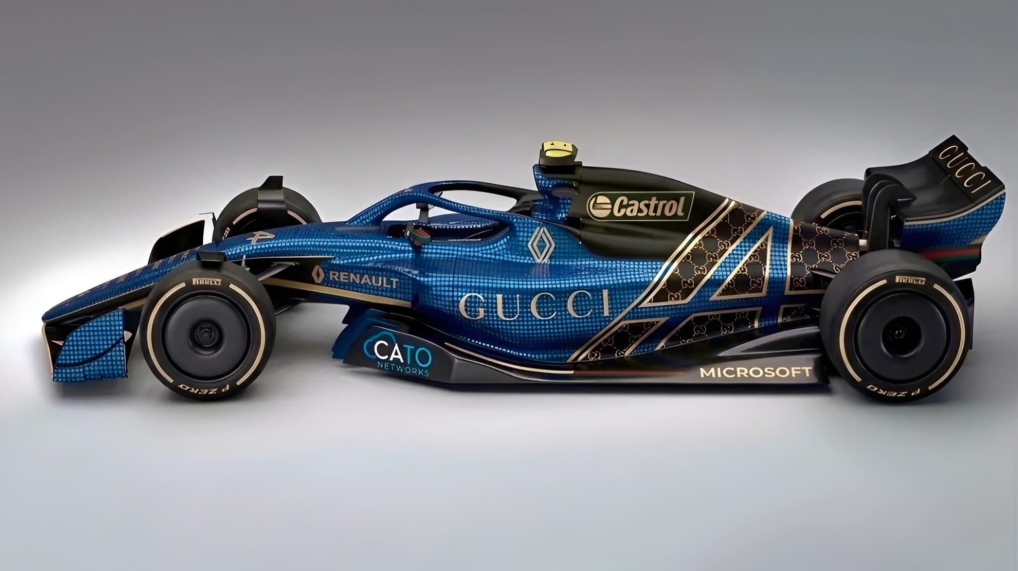 AI-generated concept of an Alpine F1 car in Gucci blue and gold livery